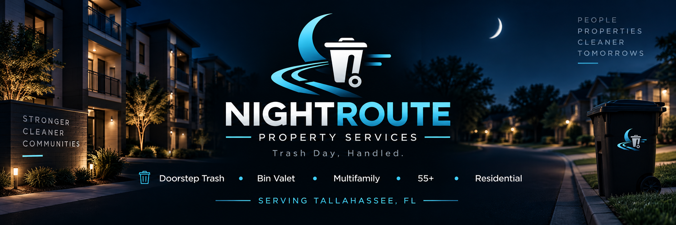 NightRoute Property Services: Trash Day, Handled. Doorstep trash and bin valet for multifamily, 55+ communities, and residential customers in Tallahassee, Florida.